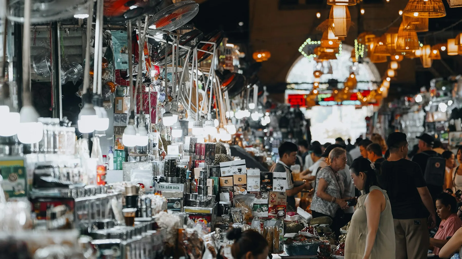 Market in Vietnam with goods and shoppers