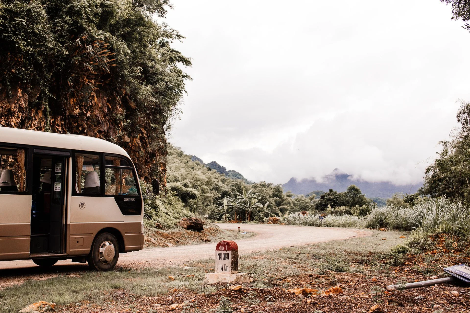 Intercity bus on a mountain road in Vietnam